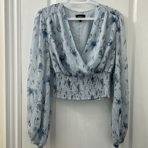 Blue and white flower shirred blouse